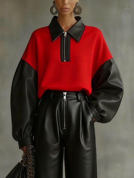 

Urban Color Block Split Joint Shawl Collar Sweatshirt, Black-red, Hoodies and Sweatshirts