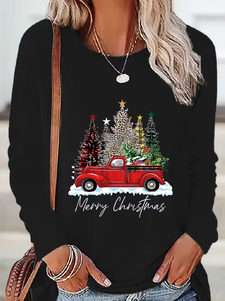 

Casual Christmas Crew Neck Long Sleeve T-shirt, Black, T-shirts