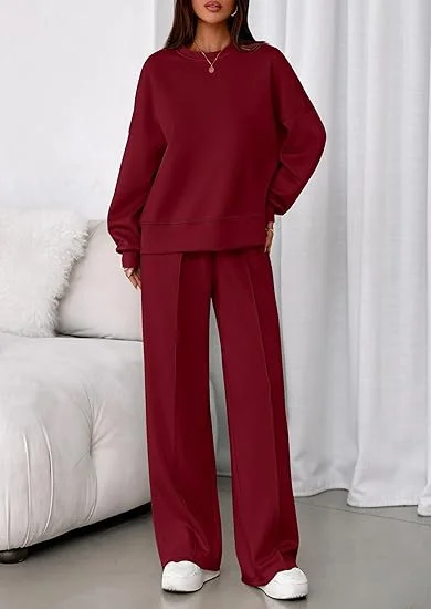 

Plain Casual Crew Neck Two-Piece Set, Wine red, Suits
