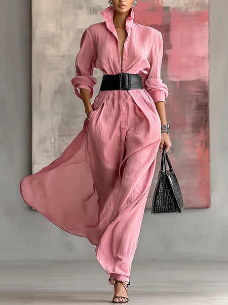 

Casual Plain Buttoned Shirt Collar Maxi Dress With Belt, Pink, Maxi Dresses