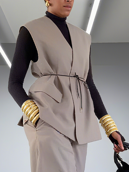 

Urban Buttoned Plain V Neck Vest Belt With T-Shirt, Khaki, Vests and Gilets