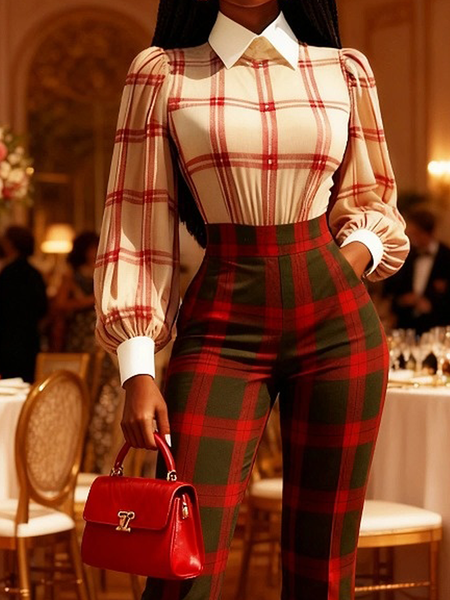 

Urban Plaid Shirt Collar Blouse, As picture, Blouses and Shirts