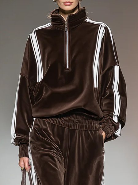 

Velvet Casual Color Block Webbing Zipper Sweatshirt, Brown, Hoodies and Sweatshirts