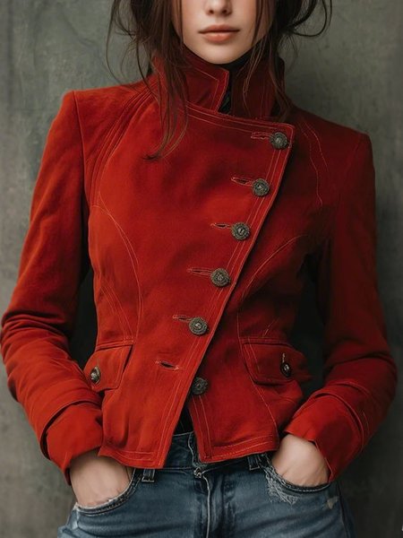 

Urban Suede Buttoned Plain Stand Collar Faux Leather Coat, Red, Jackets