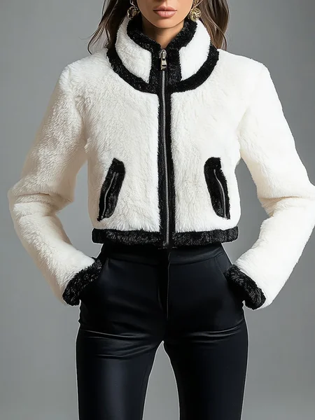 

Urban Color Block Stand Collar Teddy Jacket, Black-white, Coats