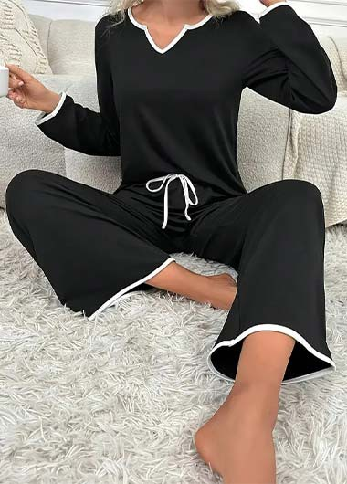 

Solid Color V-Neck Loose Comfortable Casual Home Drawstring Trousers Suit Leisure Good Sleep Two-Piece Suit, Black, Suits