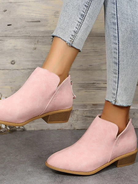 

British Style Four Seasons Solid Color Pointed Toe Casual Rear Zipper Low Heel Thick Heel Single Shoes, Pink, Shoes