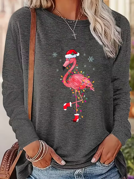 

Casual Flamingo Crew Neck Long Sleeve T-shirt, Gray, T-shirts