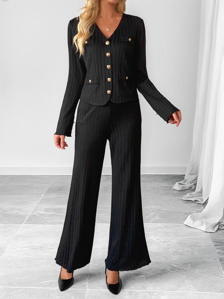 

V Neck Casual Cotton Two-Piece Set, Black, Suits