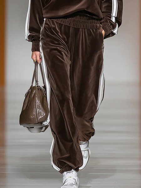 

Casual Color Block Webbing Ankle Banded Pants, Brown, Pants