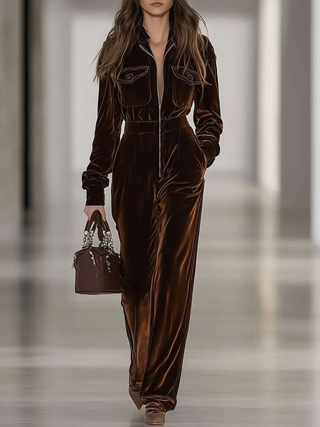 

Urban Zipper Plain Shawl Collar Jumpsuit, Brown, Jumpsuits