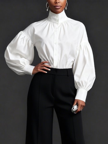 

Cotton Urban Plain Ruched Turtleneck Balloon Sleeve Shirt, White, Blouses and Shirts