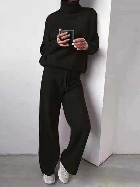 

Women Plain Split Joint Two-Piece Set Daily Long Sleeve Casual Spring/Fall Top With Pants Matching Set, Black, Sets