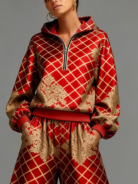 

Elegant Plaid Printing Loosen Hoodie, Red brown, Hoodies and Sweatshirts