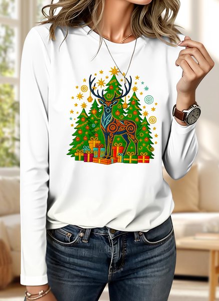 

Vintage Floral Crew Neck Long Sleeve T-shirt, White, T-shirts