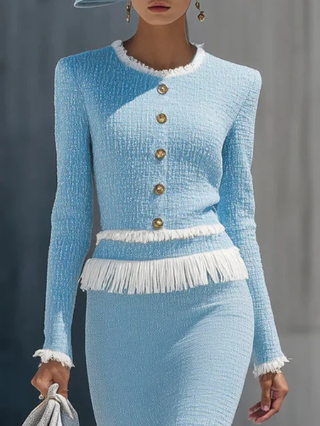 Tweed Elegant Plain Buttoned Crew Neck Tassel Blouse