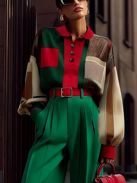 

Urban Color Block Buttoned V Neck Raglan Sleeves Blouse, Green, Blouses and Shirts