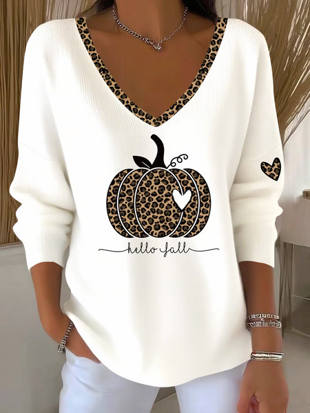 

Women Leopard Long Sleeve Tee T-shirt V Neck Printing Casual Spring/Fall Top, White, T-Shirts