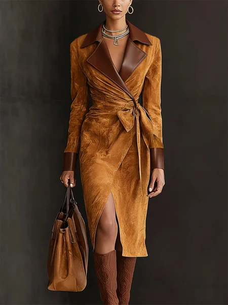 

Urban Split Joint Color Block Lapel Collar Faux Leather Coat With Belt, Yellow brown, Midi Dresses