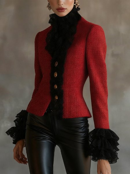 

Elegant Peplum Color Block Jacket, Reddish black, Jackets
