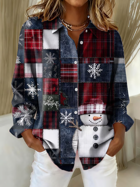 

Shirt Collar Regular Sleeve Long Sleeve Christmas Snowman Buckle Regular Loose Button Up Shirt Shirt For Women, Blue, Shirts