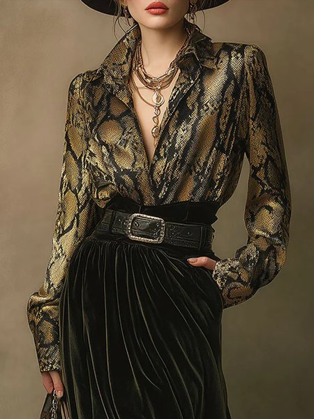 

Urban Snakeskin Printing Shirt Collar Shirt, As picture, Blouses and Shirts