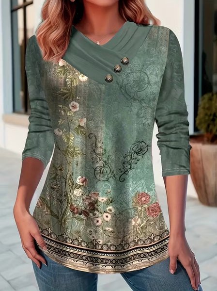

Casual Floral Long Sleeve T-shirt, Green, T-shirts