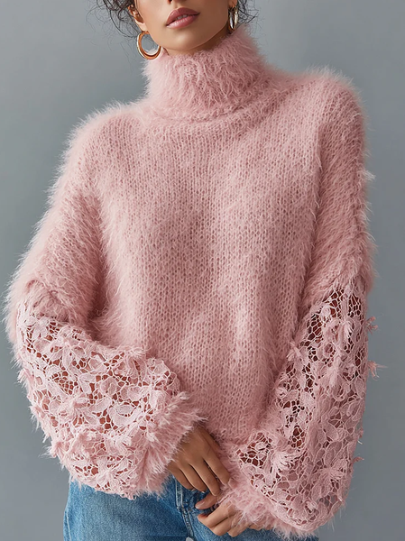 

Urban Plain Buttoned Turtleneck Balloon Sleeve Sweater, Pink, Pullovers