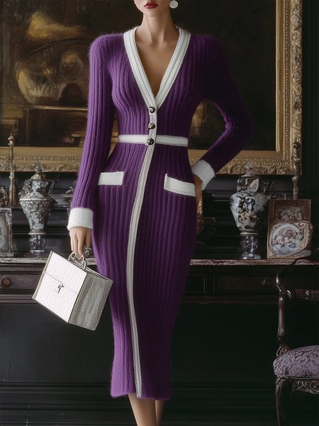 

Elegant Color Block Buttoned V Neck Sweater Midi Dress, Purple, Midi Dresses