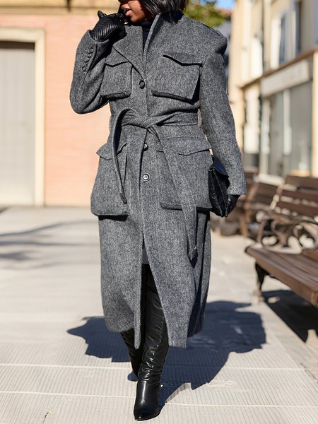Urban Pockets Plain Lapel Collar Coat With Belt