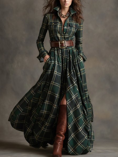 

Urban Plaid Printing Shirt Collar Maxi Dress No Belt, Green, Maxi Dresses