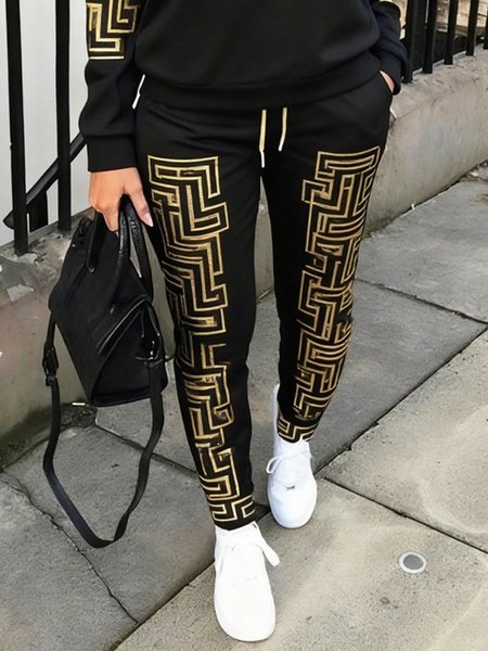 

Casual Geometric Printing Slim Fit Pants, Black, Pants