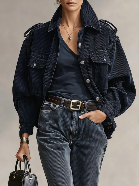 

Casual Plain Shirt Collar Jacket, Blue, Jackets