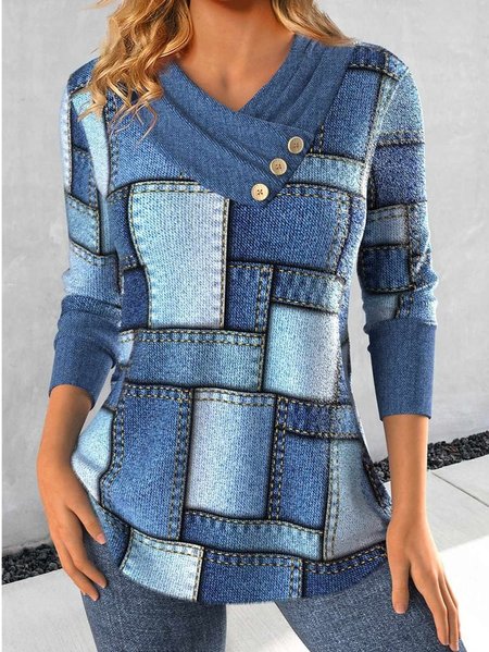 

Casual Striped Long Sleeve T-shirt, Blue, T-shirts