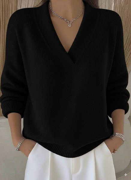 

Plain Casual V Neck Loose Sweater, Black, Sweaters & Cardigans