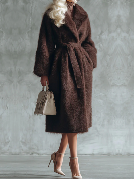 

Urban Plain Lapel Collar Coat With Belt, Brown, Coats
