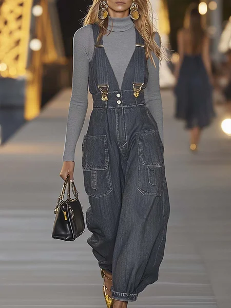 Casual Denim Bib Pants