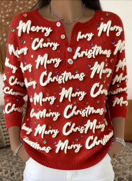 

Women Cotton Text Letters Long Sleeve Comfy Casual Sweater, Red, Sweaters