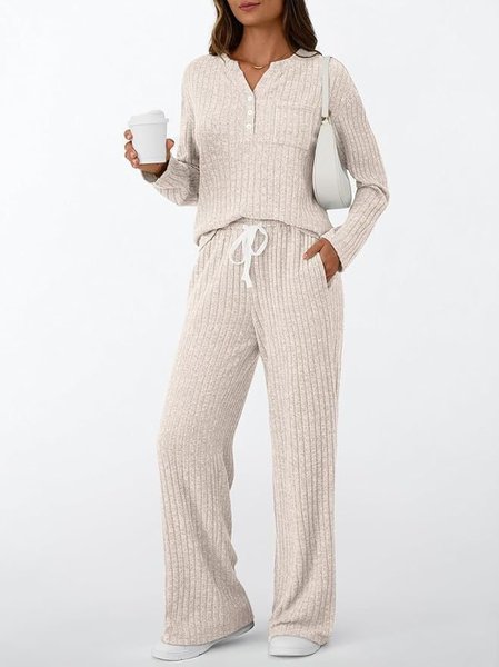 

Women Plain Two-Piece Set Daily Long Sleeve Casual Spring/Fall Top With Pants Matching Set, Apricot, Jumpsuits&Rompers