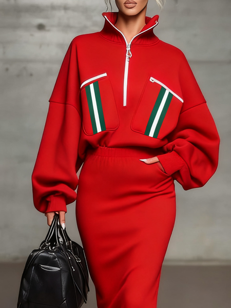 

Casual Color Block Stand Collar Sweatshirt, Red, Hoodies and Sweatshirts