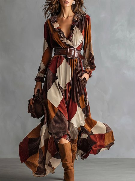 Elegant Plaid Printing V Neck Maxi Dress With Belt