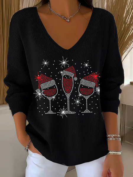 

Women Christmas Long Sleeve Tee T-shirt V Neck Printing Casual Spring/Fall Top, Black, T-Shirts