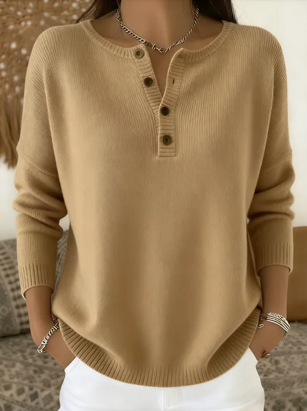 

Women Cotton Plain Long Sleeve Comfy Casual Sweater, Khaki, Sweaters