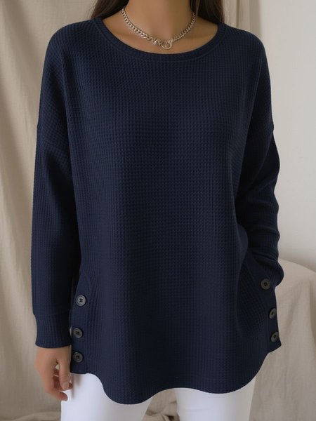 

Women Plain Crew Neck Casual Long Sleeve T-shirt, Navyblue, Long Sleeves