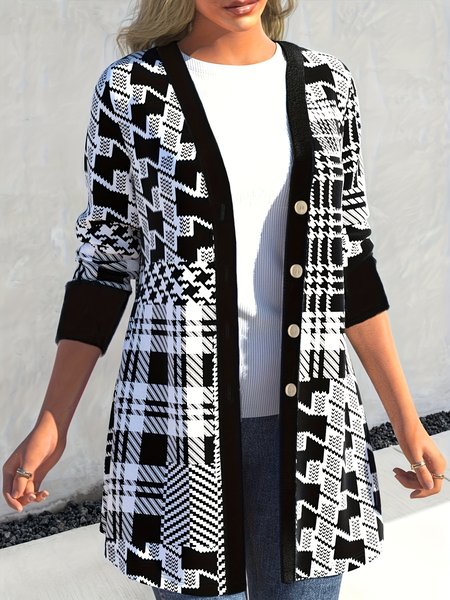 

Women Geometric Spring/Fall Cover-up Casual Printing Lightweight Cardigan, Black, Cardigans