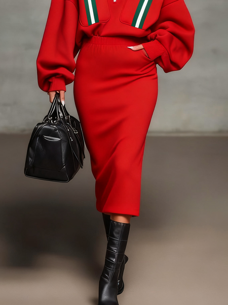 

Casual Plain Midi Skirt, Red, Skirts