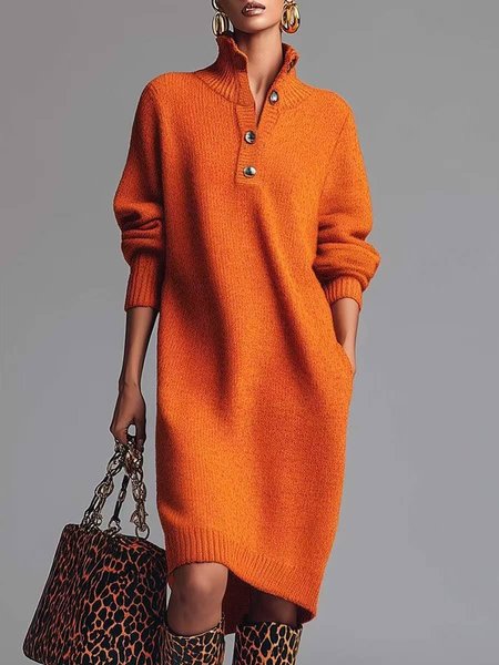 

Women Plain Long Sleeve Autumn Dress Turtleneck Daily Casual Midi H-Line Dress, Orange red, Sweater Dresses