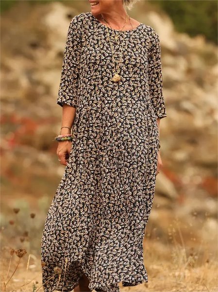 

Women Floral Summer Dress Crew Neck Half Sleeve H-Line Dress, Color3, Dresses