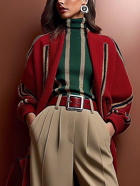 

Urban Striped Buttoned Cross Neck Cardigan, Red, Cardigans