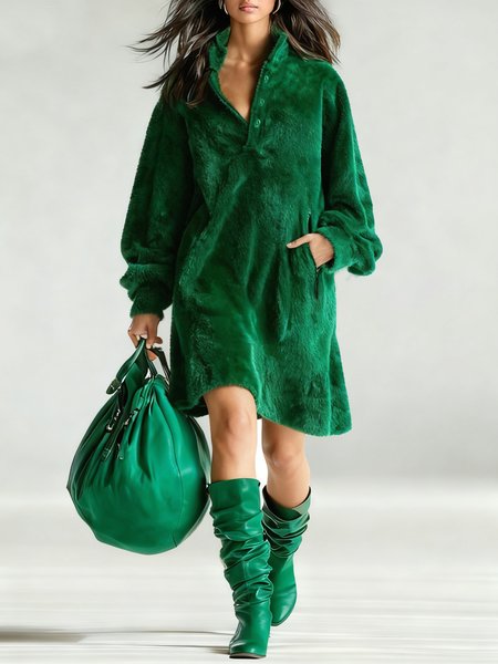 

Urban Plain Balloon Sleeve Buttoned Midi Dress, Green, Midi Dresses